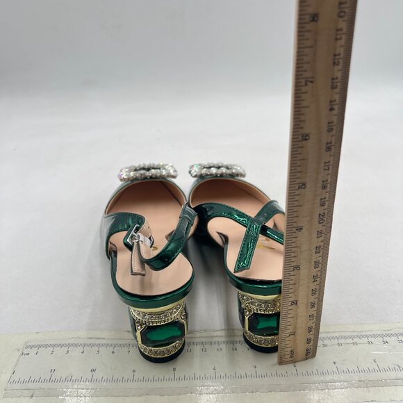 FSJ Green Crystal Square Buckle Pointed Toe Slingback Rhinestone Heel Pumps - Picture 5 of 8